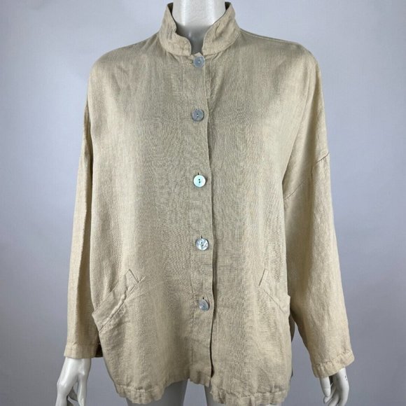 Bryn Walker Heavy Linen Jacket Women S EUC Button-Up Long Sleeve High Neck Beige - Picture 1 of 12